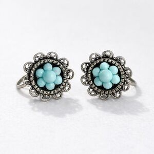 Vintage Mid-Century Turquoise Floral Screw-Back Earrings